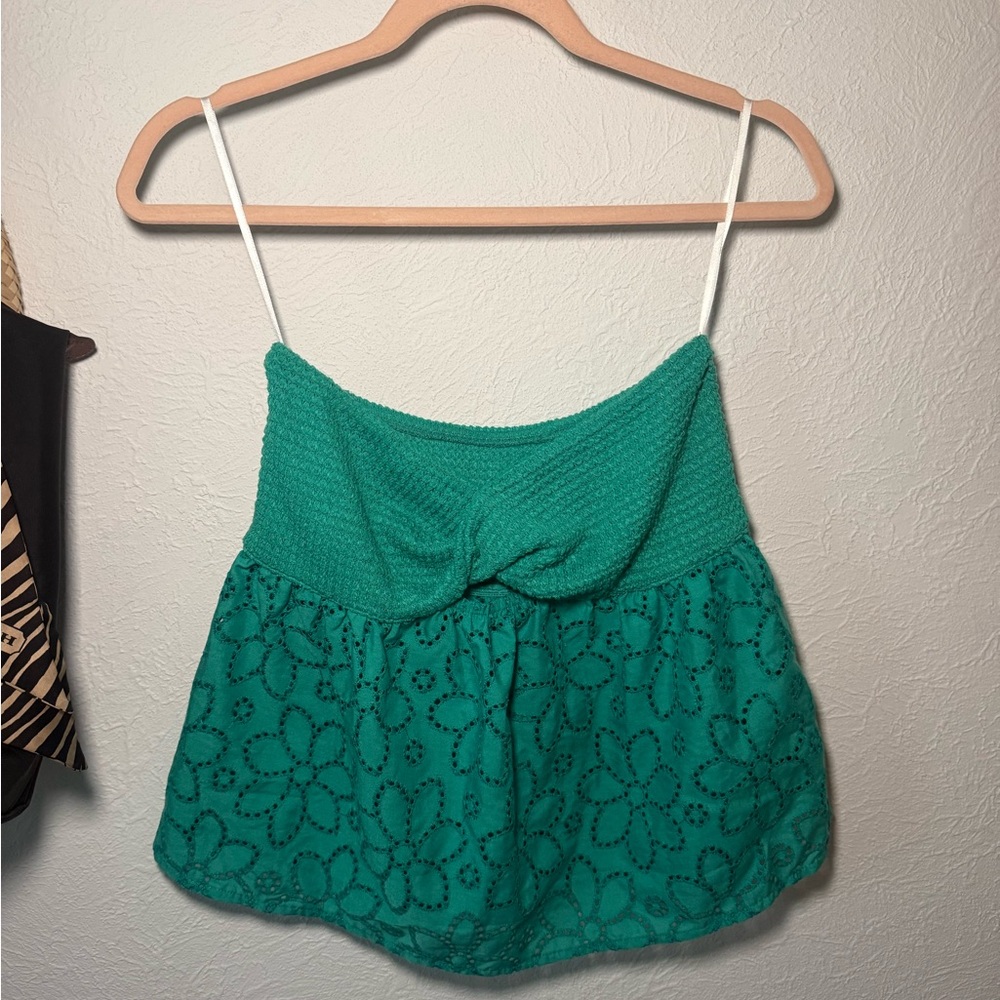 Green Floral Eyelet Strapless Top
